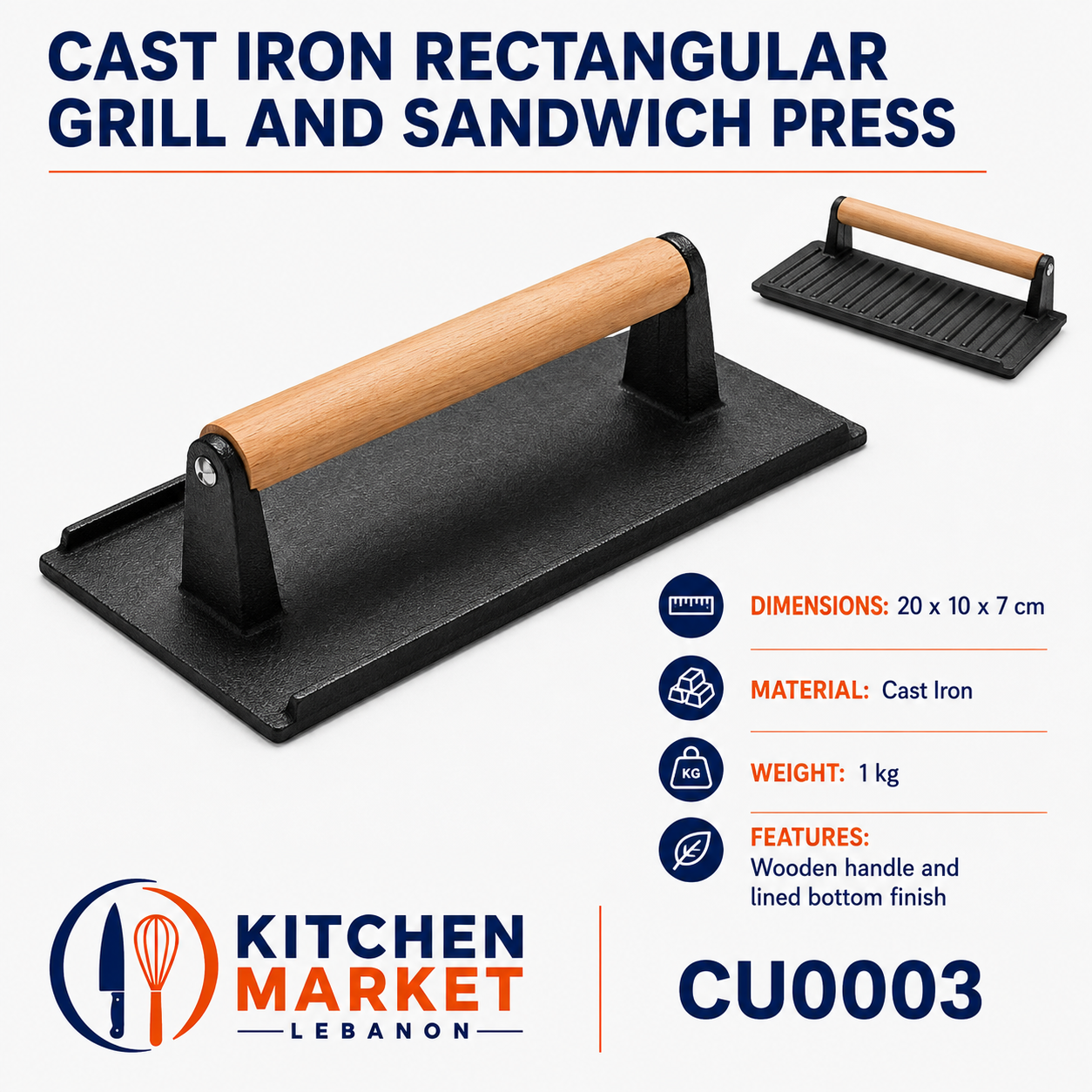 Cast Iron Rectangular Grill and Sandwich Press