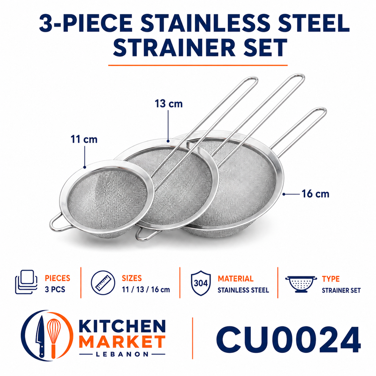 3-Piece Stainless Steel Strainer Set - 11 cm, 13 cm, 16 cm
