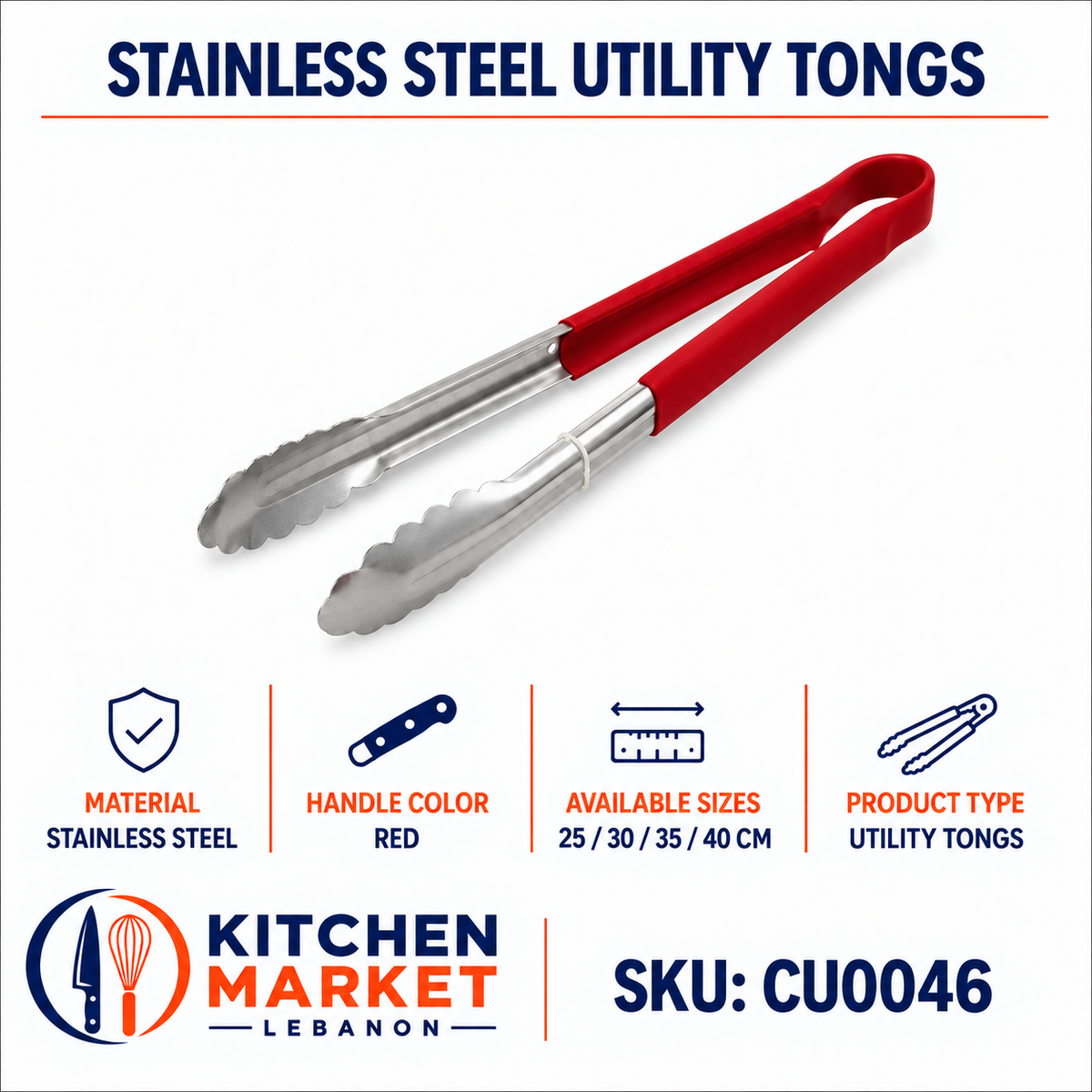 Stainless Steel Utility Tongs — Red Handle