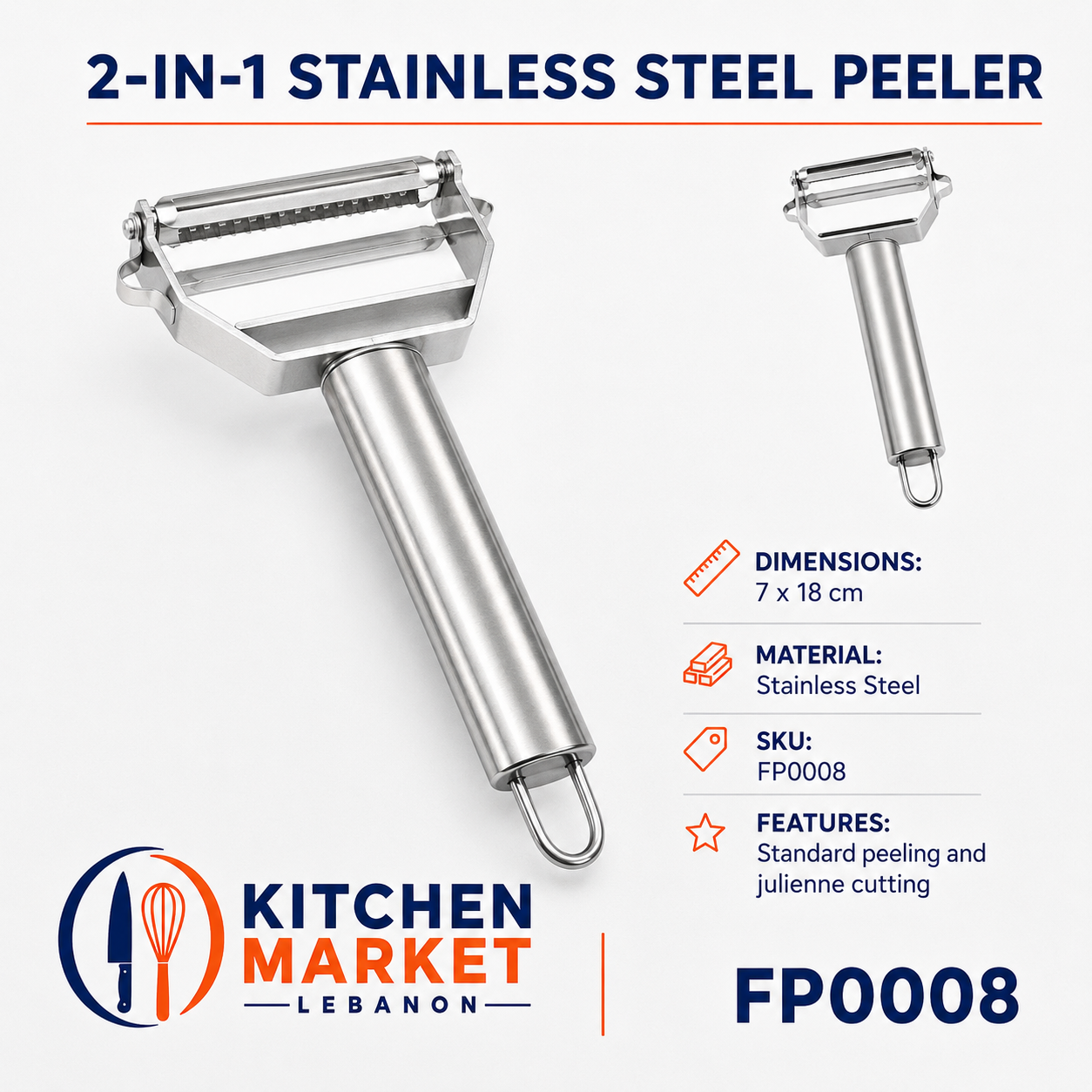 2-in-1 Stainless Steel Peeler 7 x 18 cm