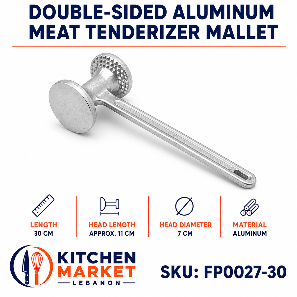 Double-Sided Aluminum Meat Tenderizer Mallet - 30 cm