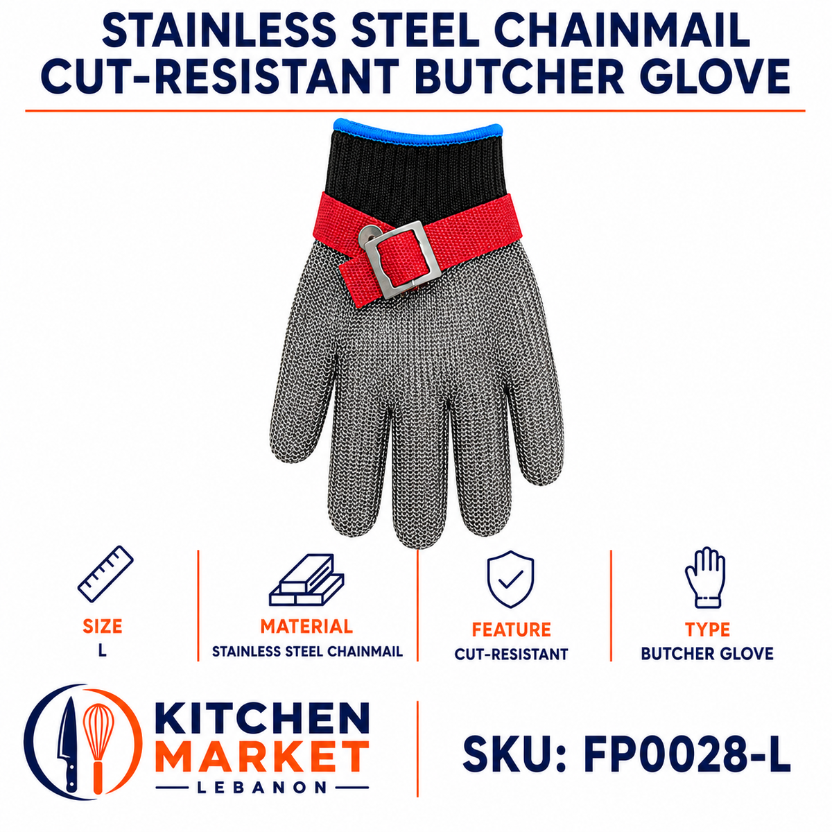 Stainless Steel Chainmail Cut-Resistant Butcher Glove - Size L