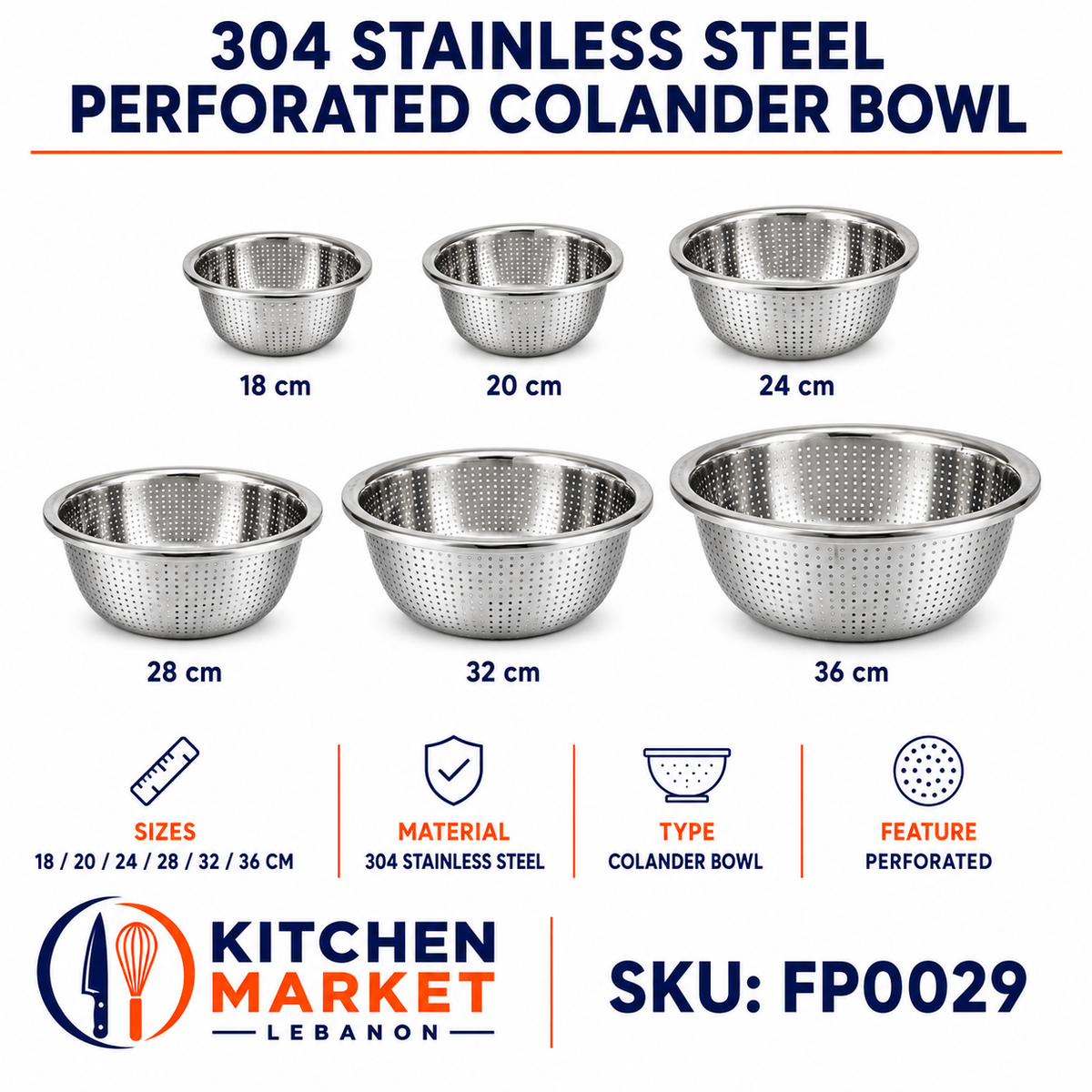 304 Stainless Steel Perforated Colander Bowl