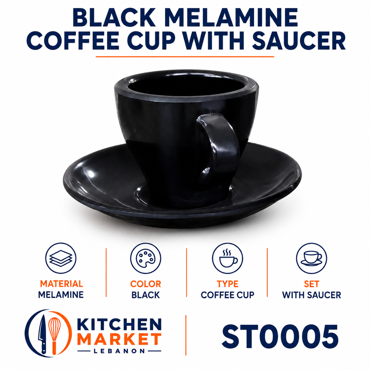 Black Melamine Coffee Cup with Saucer