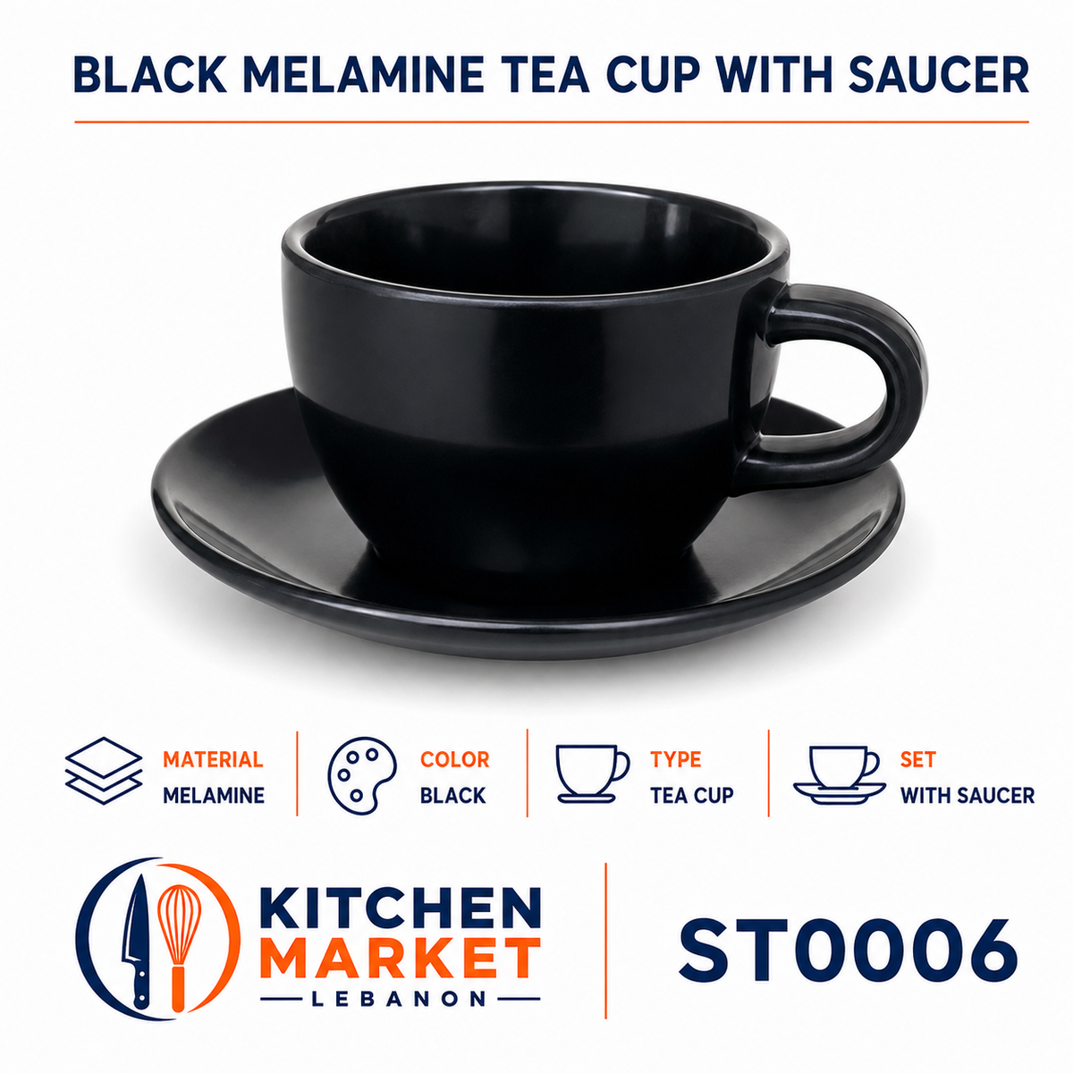 Black Melamine Tea Cup with Saucer