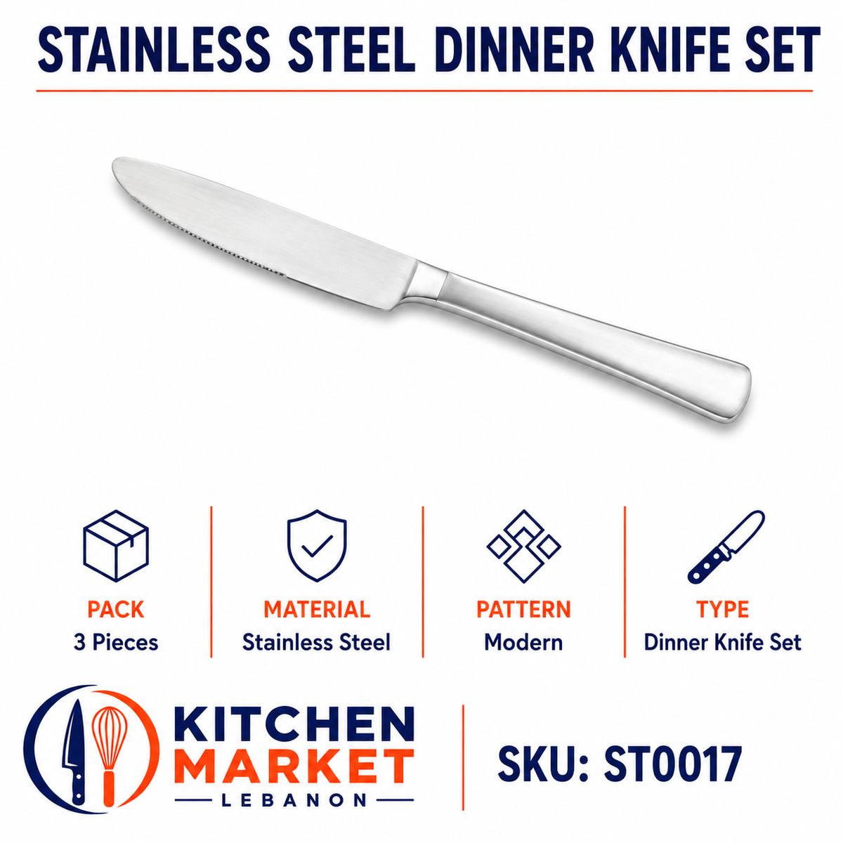 Stainless Steel Dinner Knife Set - Modern Pattern